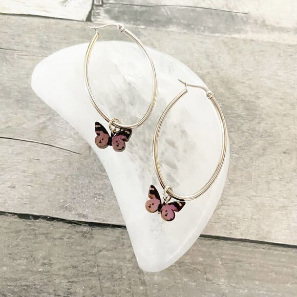The Unbranded Brand Jewelry - Stainless Steel Wooden Butterfly Hoop Earrings